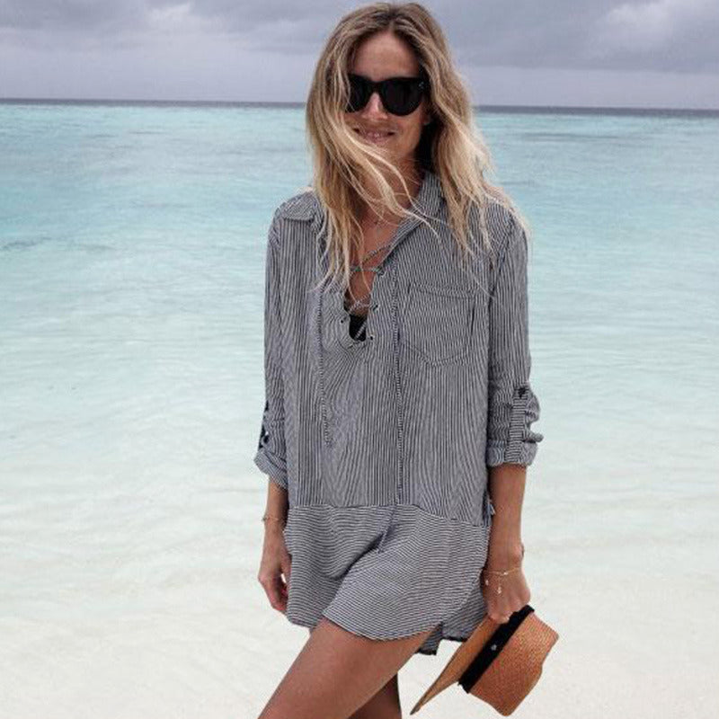Seaside Shirt Stripes Lace Up Long Sleeve Cover Up