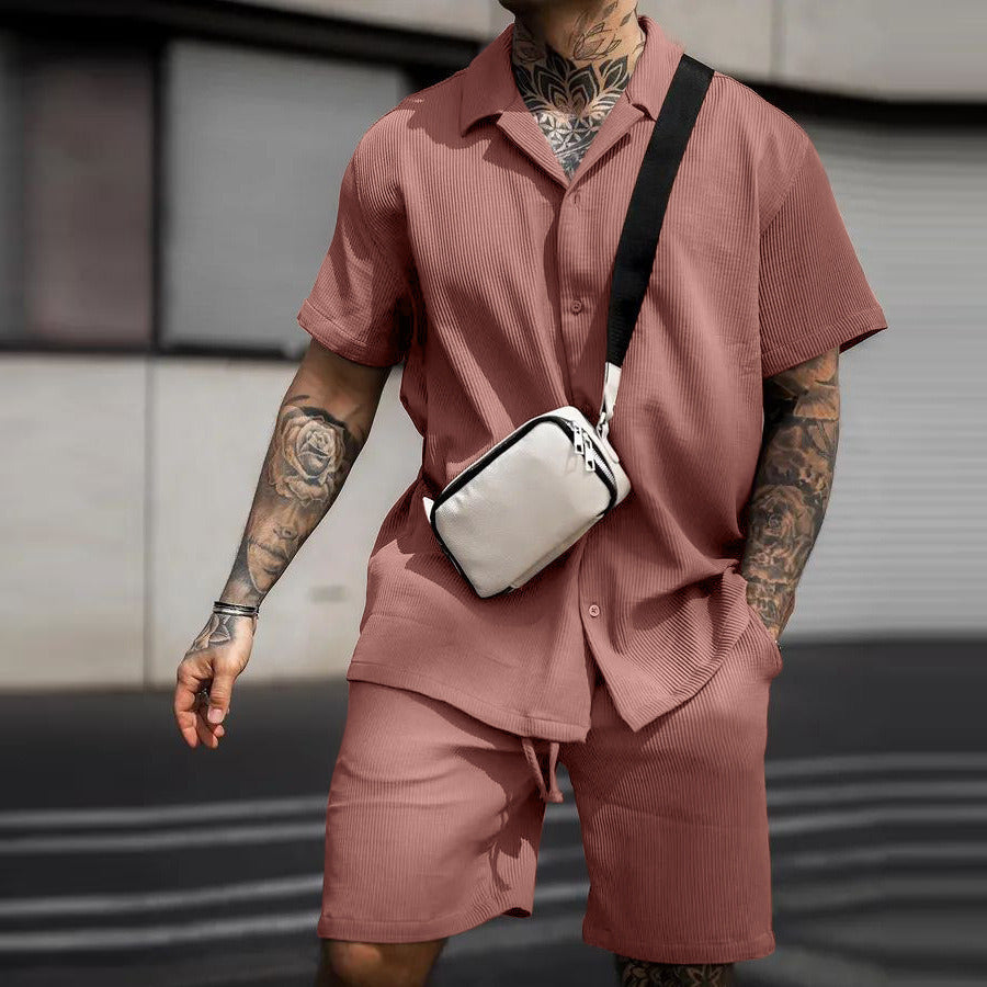 Men's Casual 2 Piece Outfits Lapel Neck Short Sleeve Button Down Shirt and Shorts Set