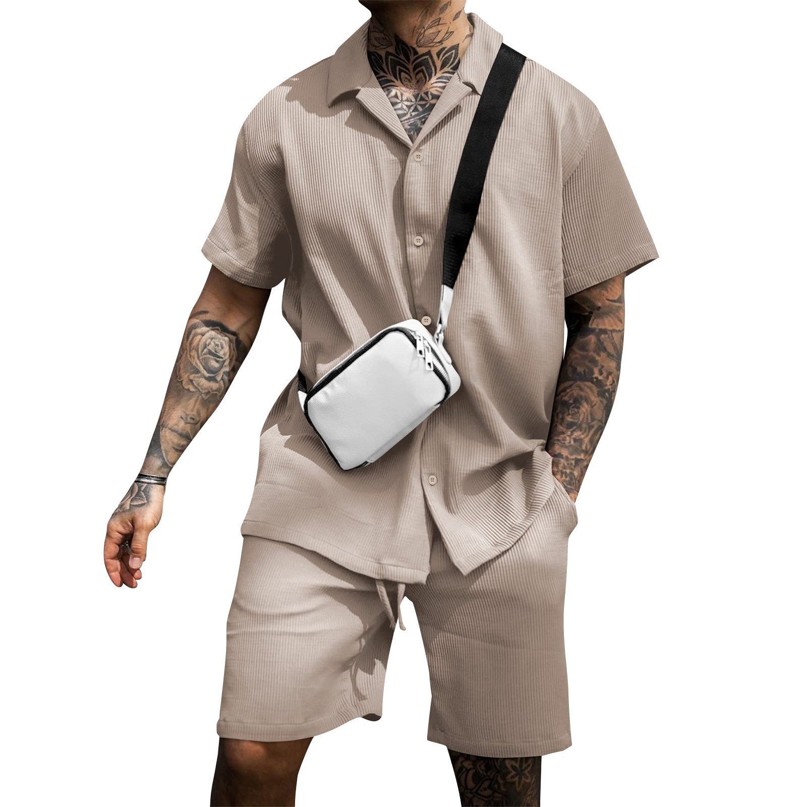 Men's Casual 2 Piece Outfits Lapel Neck Short Sleeve Button Down Shirt and Shorts Set