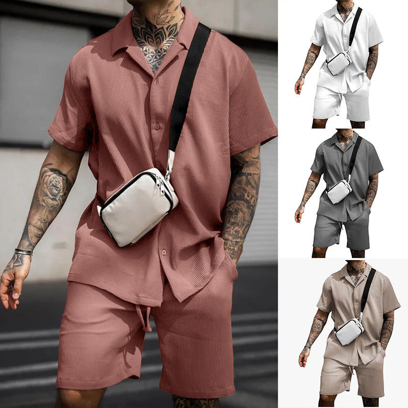 Men's Casual 2 Piece Outfits Lapel Neck Short Sleeve Button Down Shirt and Shorts Set