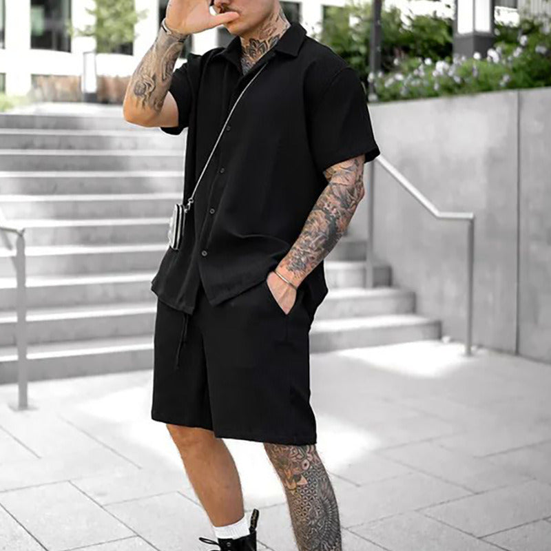 Men's Casual 2 Piece Outfits Lapel Neck Short Sleeve Button Down Shirt and Shorts Set