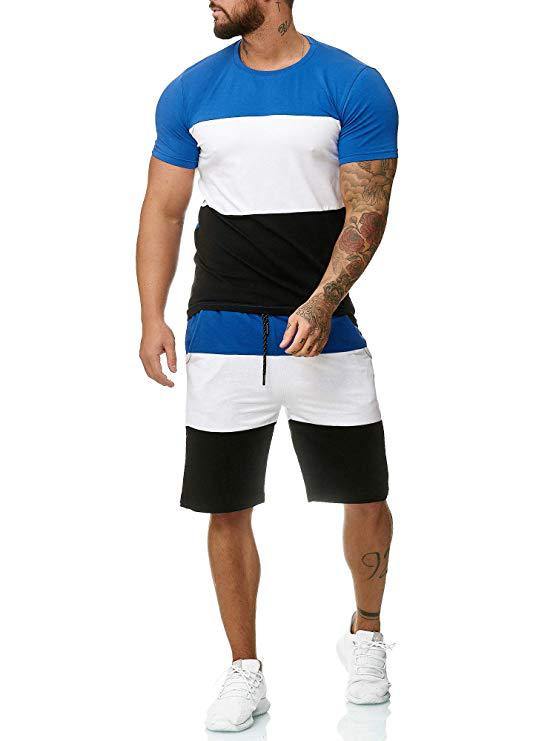Men's 2 Piece Striped Short Sleeved T Shirt Top and Shorts Set Tracksuit Set for Men S-XXL