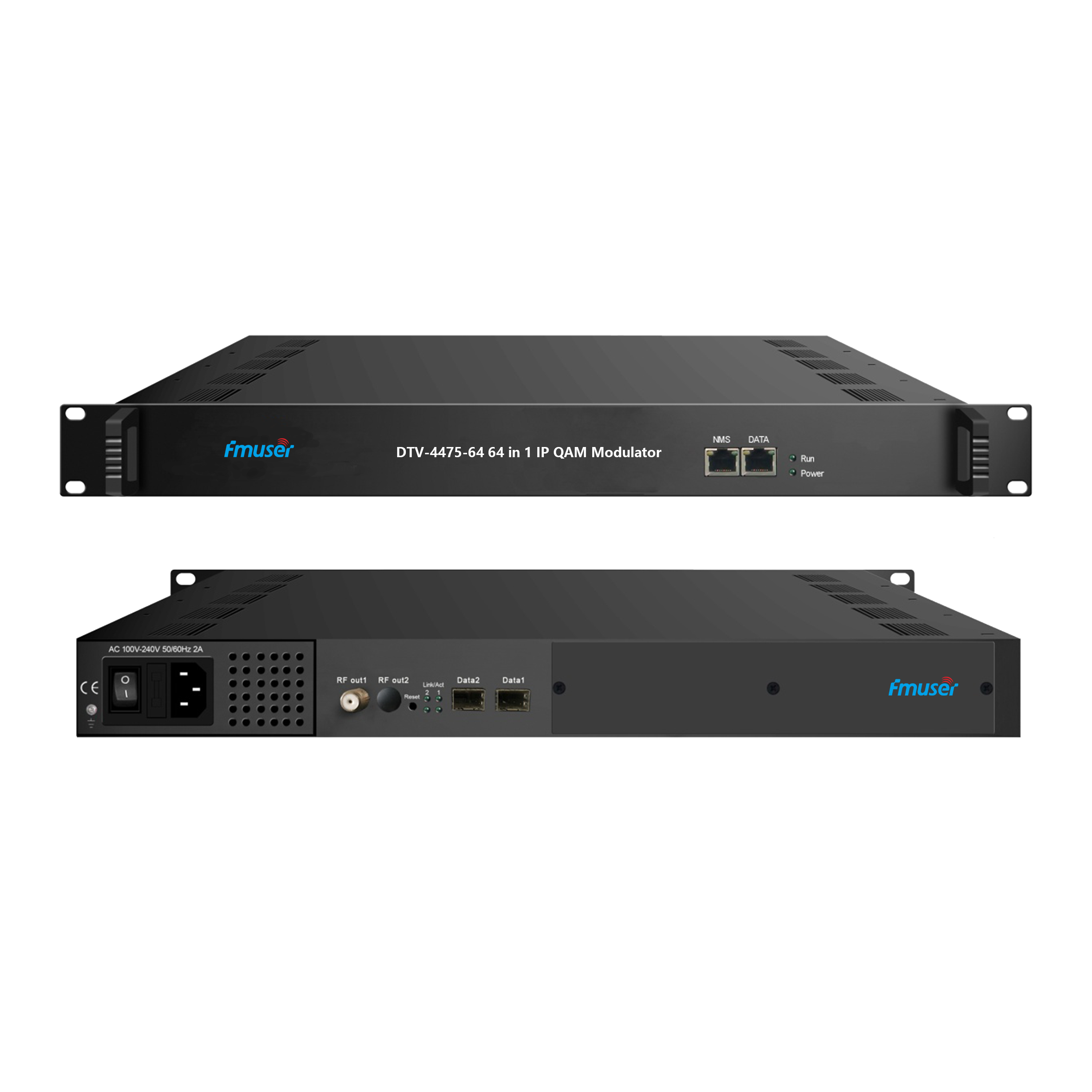 FMUSER DTV-4427/4443/4469D/4475-512/1024/1536/512 IP(MPTS or SPTS) through 3/6 GE ports (UDP/RTP) in 16/32/48/64 Mux-scrambling QAM (DVB-C) RF Modulator