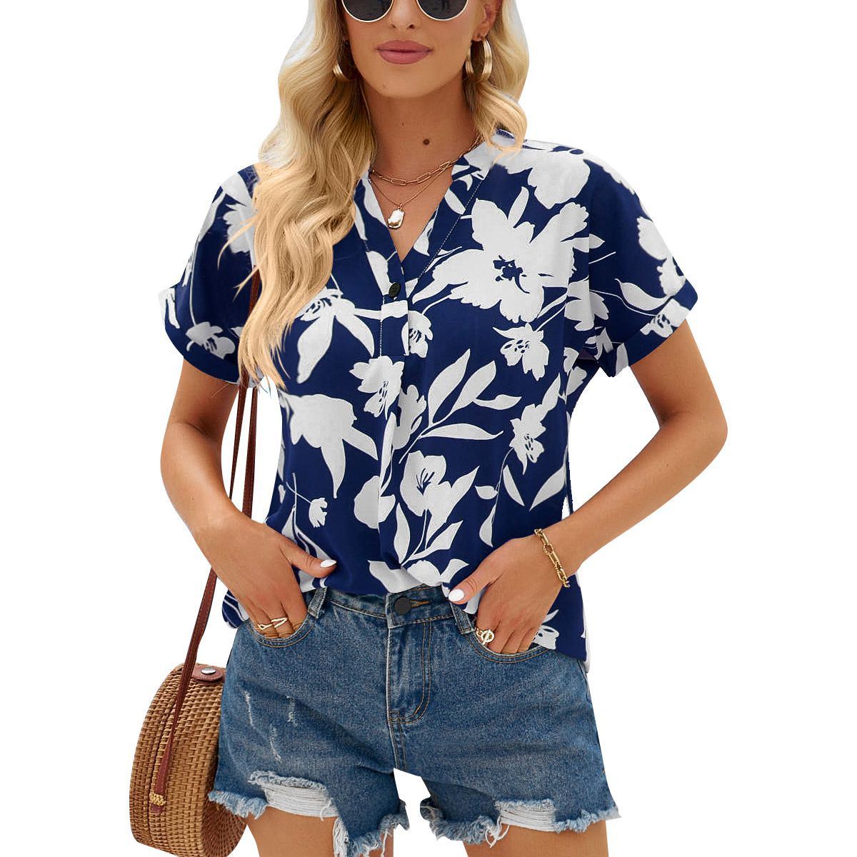 Womens Casual Short Sleeve Tops Summer V Neck Chiffon Blouses Loose Fit Shirts