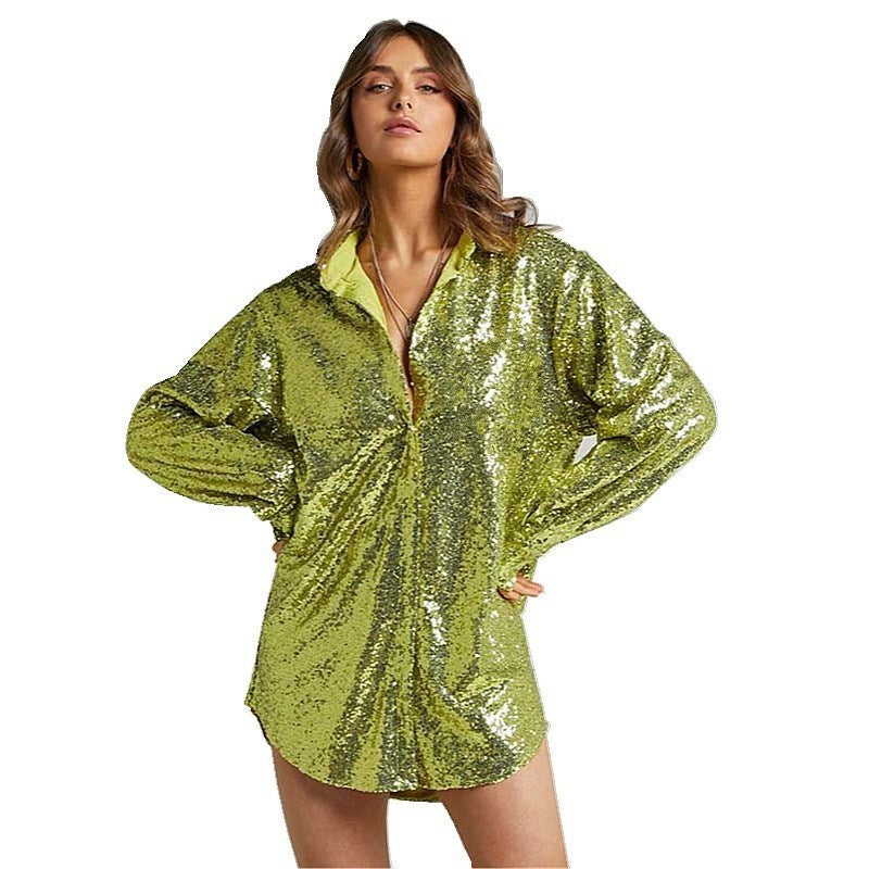Women Sequins Casual Long Sleeve Shirts Lapel Button Down Blouse Comfy Shirt