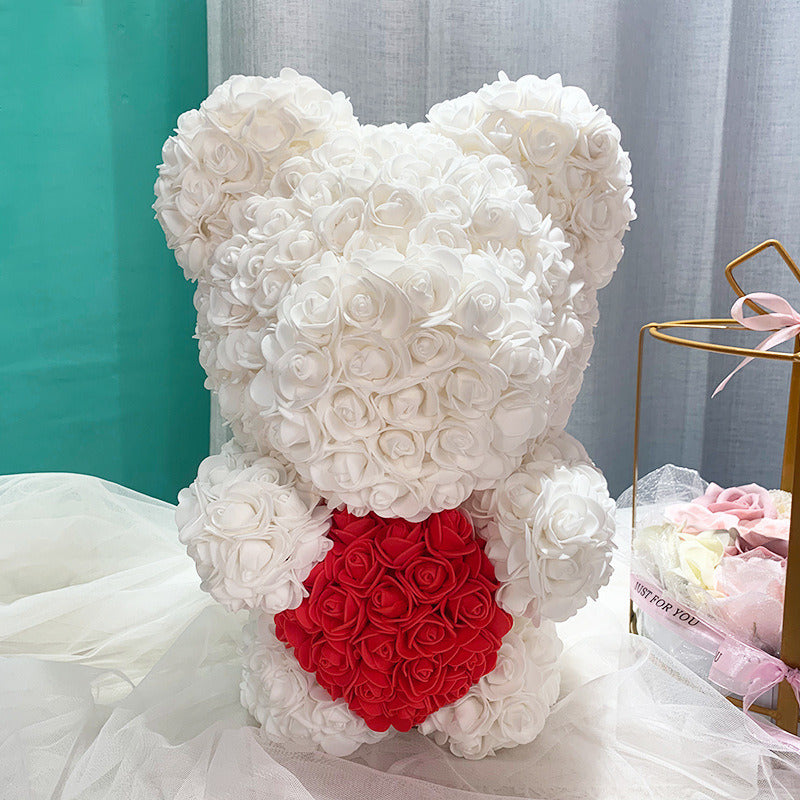 Gifts for Women - Rose Bear - Rose Flower Bear Hand Made Rose Teddy Bear - Gift for Valentines Day;  Mothers Day;  Wedding and Anniversary & Bridal Showers - w/Clear Clear Gift Box 10 Inch (Red)