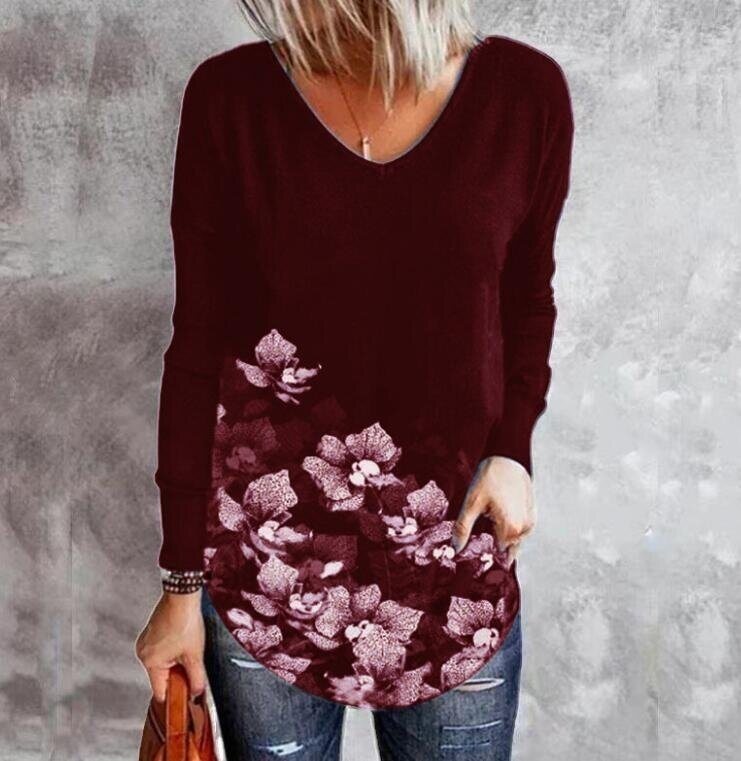 Flower Print Loose V-neck Long Sleeved Blouses Tops