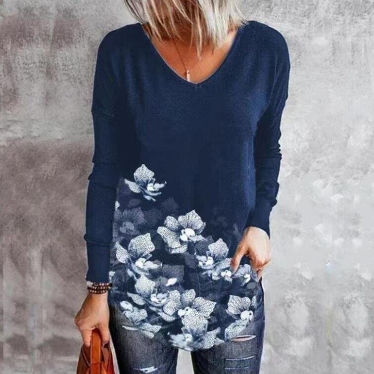 Flower Print Loose V-neck Long Sleeved Blouses Tops