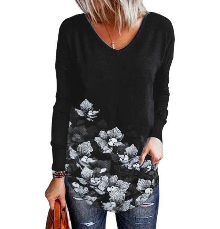 Flower Print Loose V-neck Long Sleeved Blouses Tops