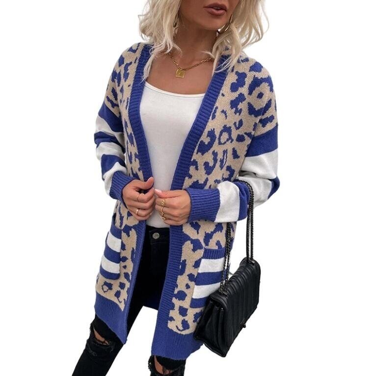 Leopard Print Colorblock Knitted Cardigan Sweater