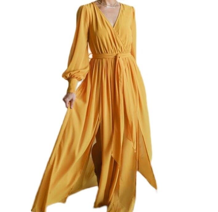 V Neck Split Long Sleeve Flowy Maxi Dress