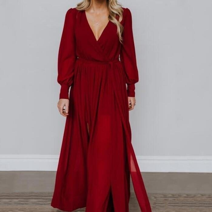 V Neck Split Long Sleeve Flowy Maxi Dress