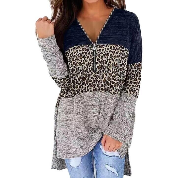 V-neck Half-zip Leopard Print Long Sleeved Tunics