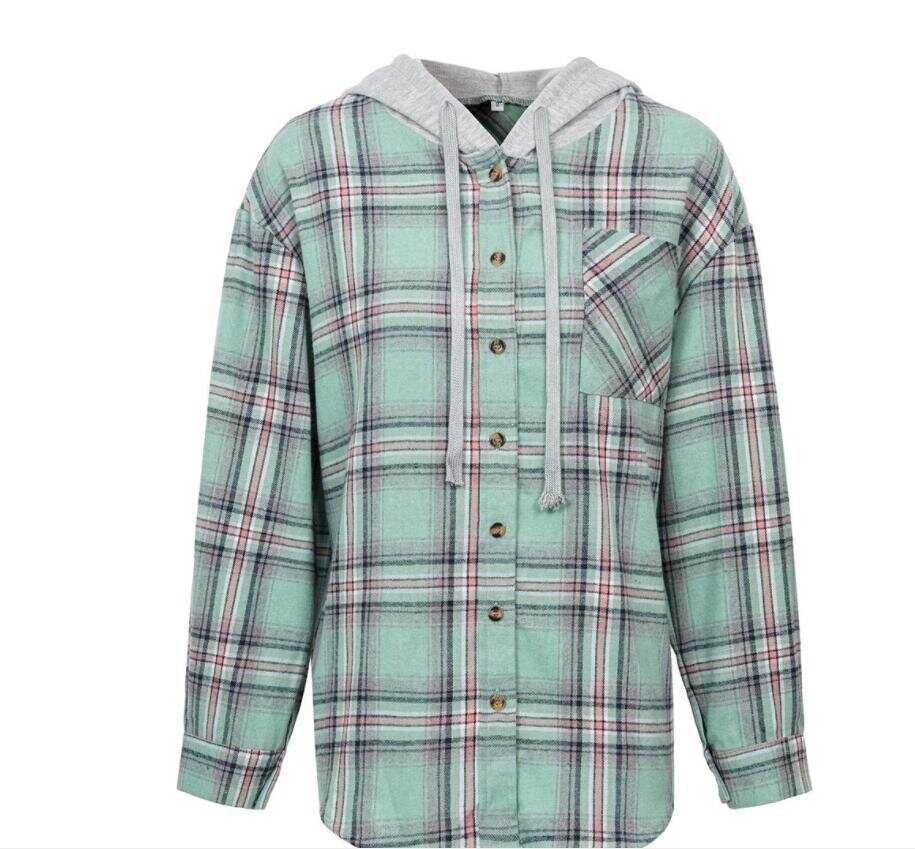 Button Down Checked Hooded Flannel Shirt