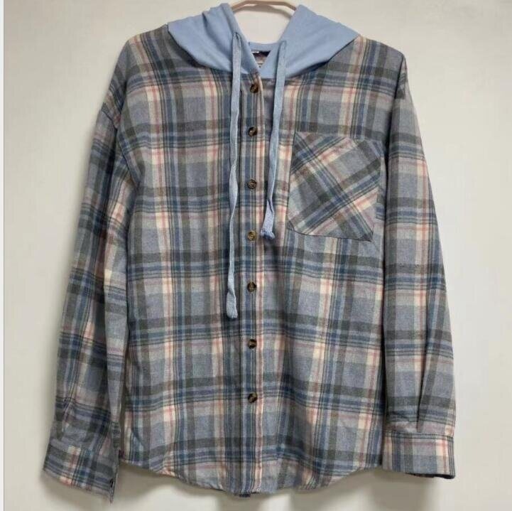 Button Down Checked Hooded Flannel Shirt