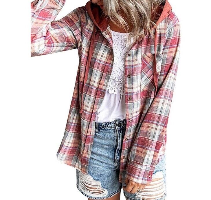 Button Down Checked Hooded Flannel Shirt