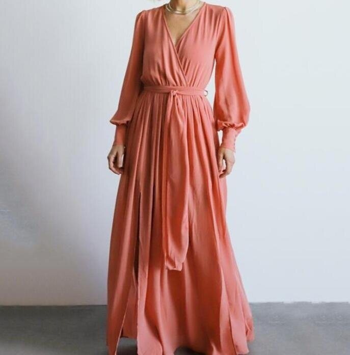 V Neck Split Long Sleeve Flowy Maxi Dress