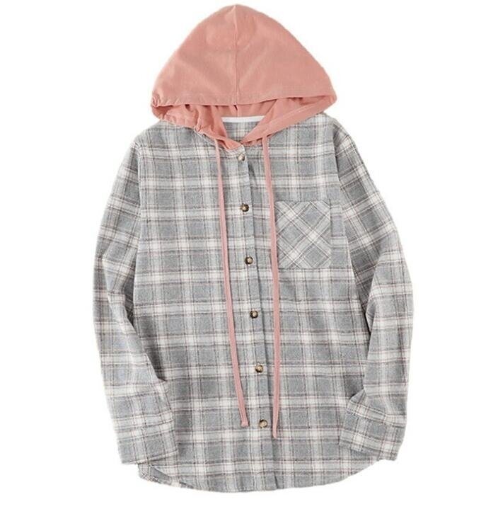 Button Down Checked Hooded Flannel Shirt