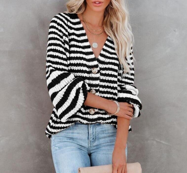 Button Knit Striped V-Neck Lantern Sleeve Sweater