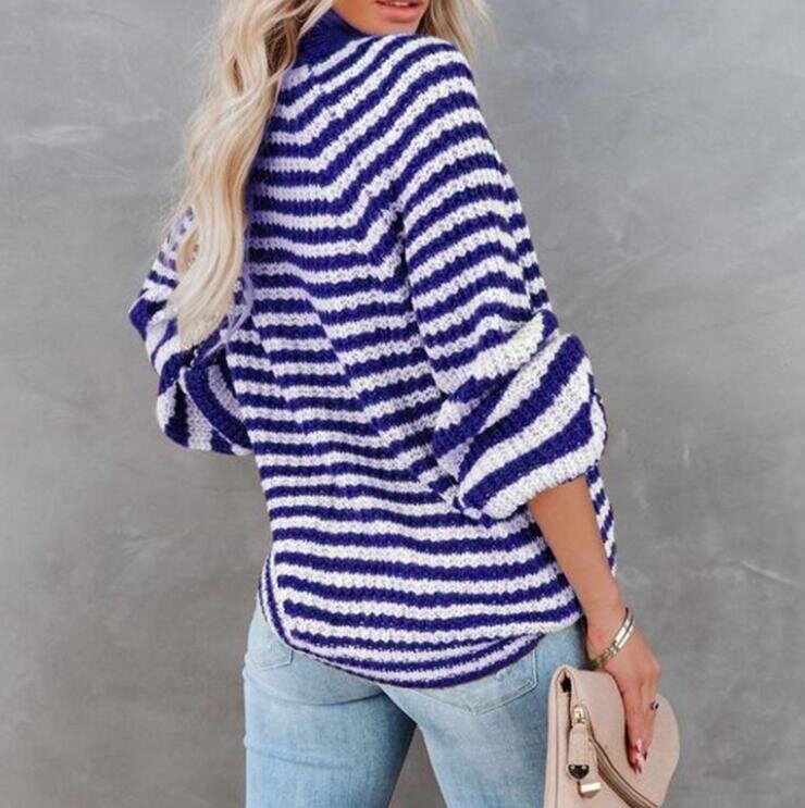 Button Knit Striped V-Neck Lantern Sleeve Sweater