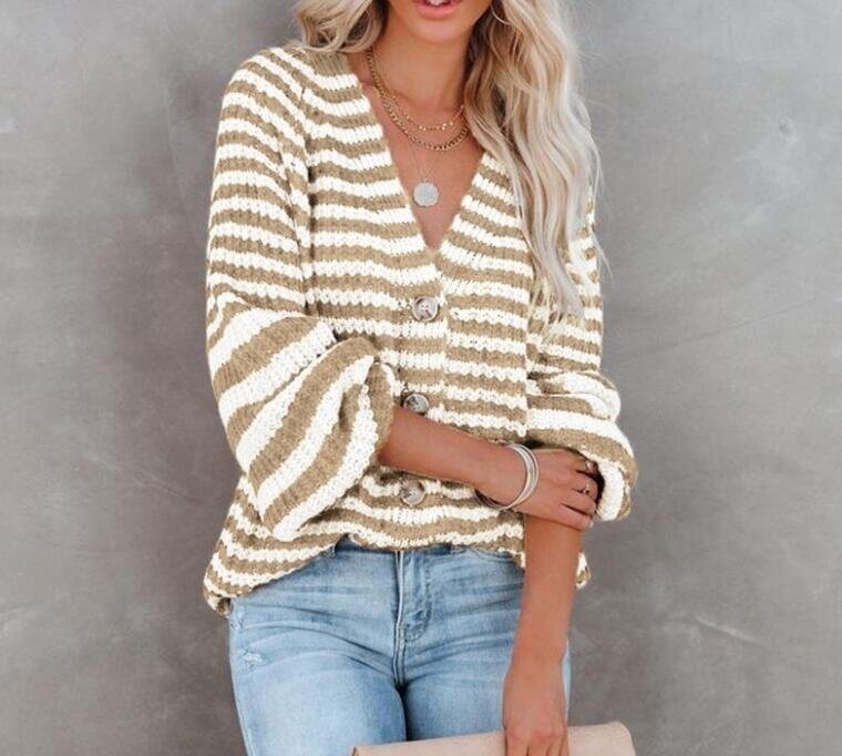 Button Knit Striped V-Neck Lantern Sleeve Sweater