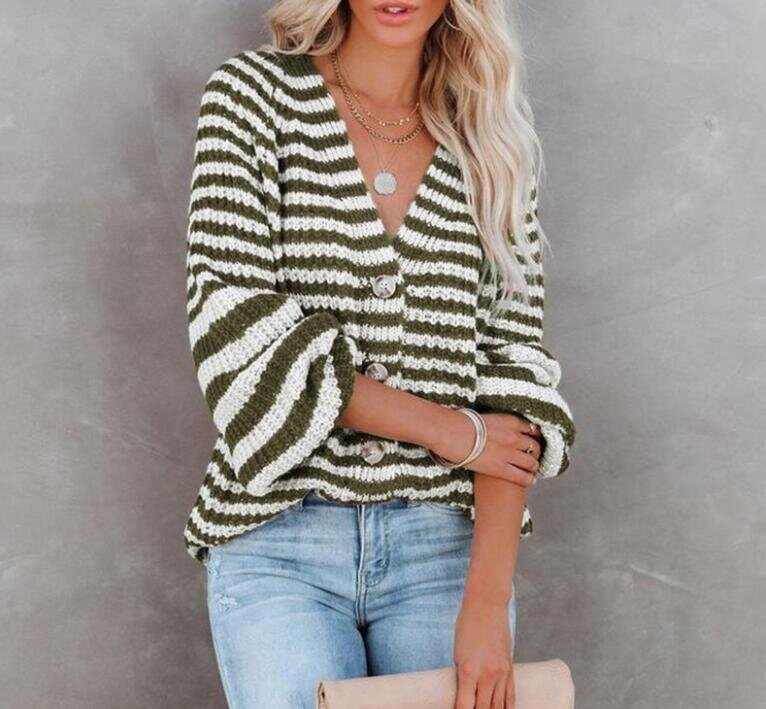 Button Knit Striped V-Neck Lantern Sleeve Sweater