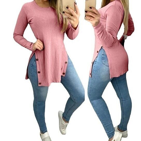 Long Sleeve Side Split Pullover Tunic Tops