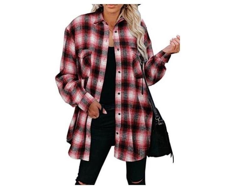 Long Sleeve Button Down Plaid Shirt Blouse Tops