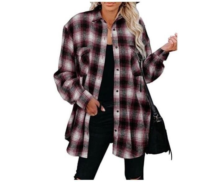 Long Sleeve Button Down Plaid Shirt Blouse Tops