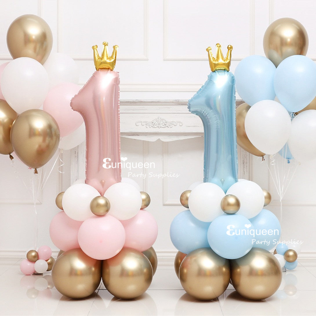 Baby Boy Girl Ins Pastel Pink Blue Crown Digital 1 Balloon Column 1st First One Year Birthday Party Decoration