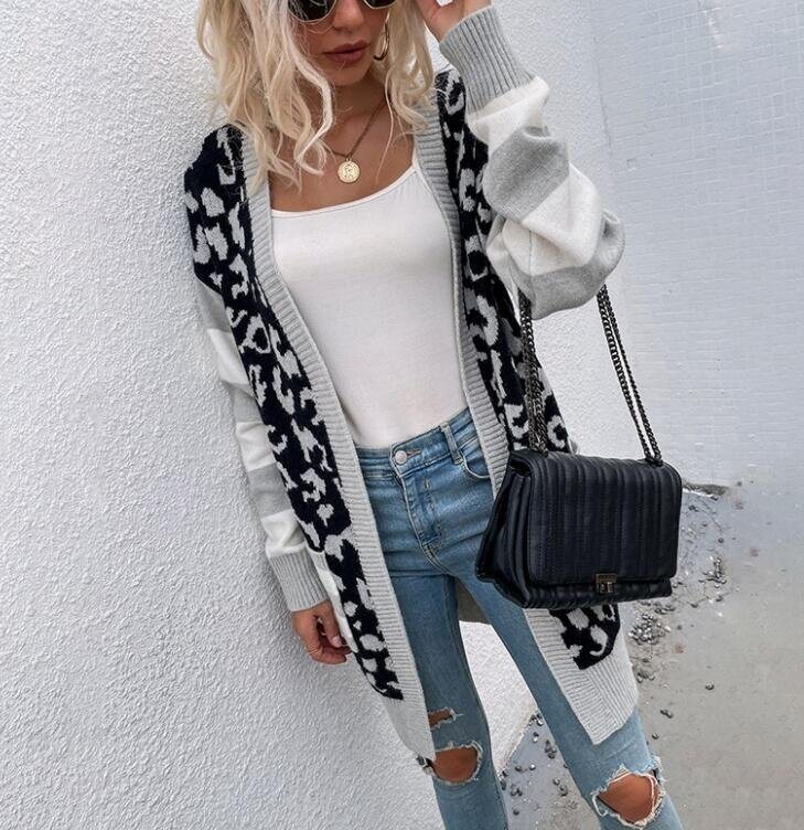 Leopard Print Colorblock Knitted Cardigan Sweater