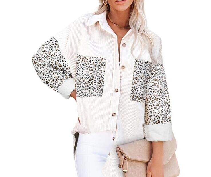 Leopard Contrast Button Corduroy Long Shirt Jacket