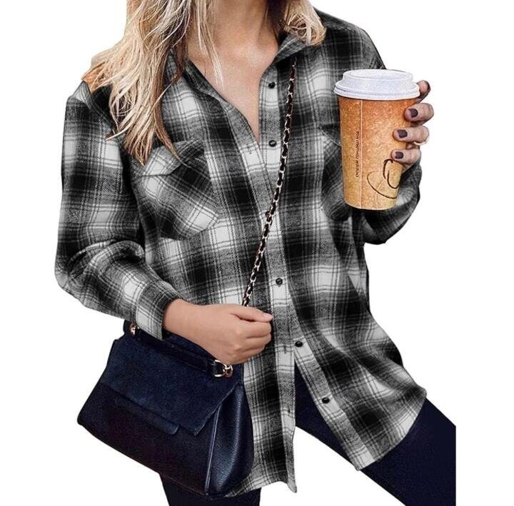 Flannel Plaid Shirts Long Sleeve Lapel Button Down Jacket