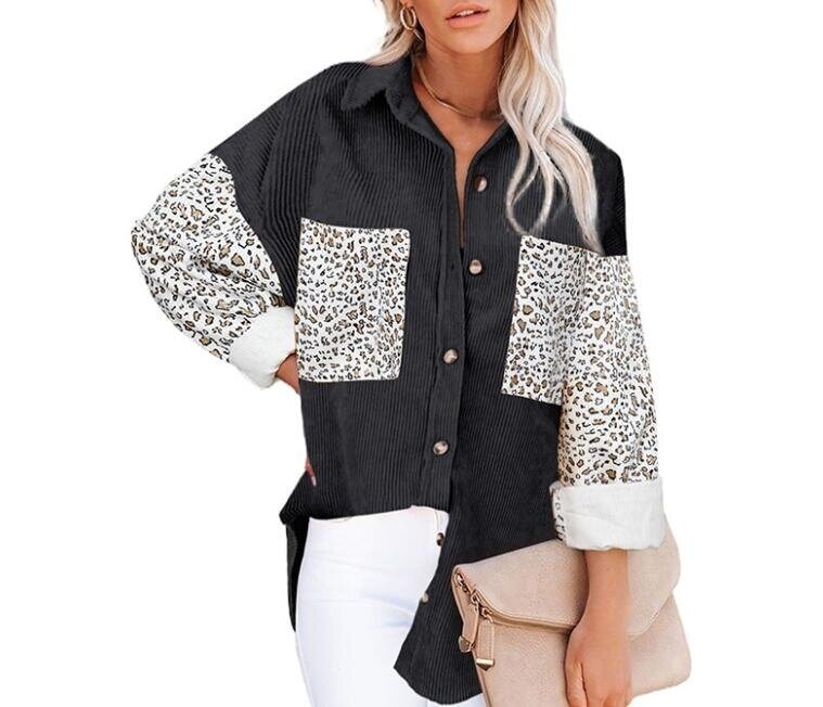 Leopard Contrast Button Corduroy Long Shirt Jacket