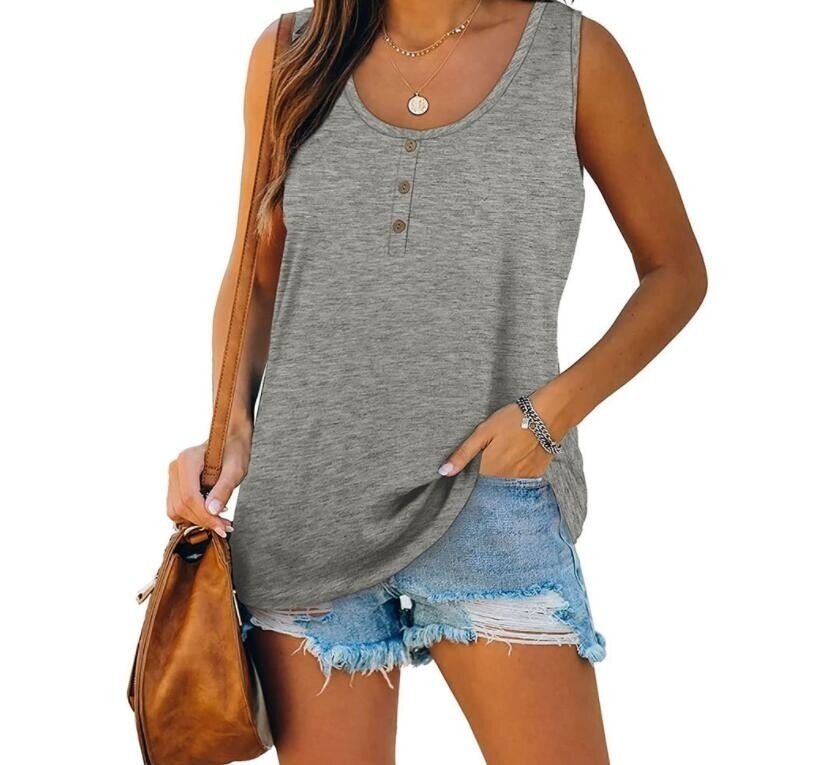 V Neck Button Tank Casual Basic Tunic Tops