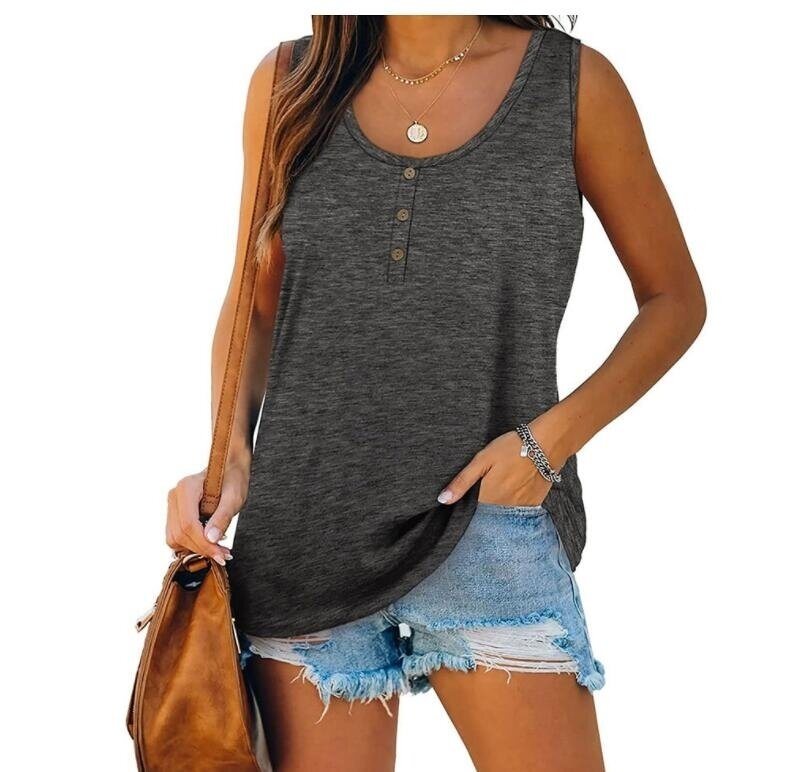 V Neck Button Tank Casual Basic Tunic Tops