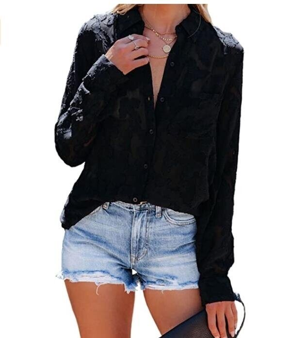 Womens Jacquard Lace V Neck Long Sleeve Button Down Shirt Blouse