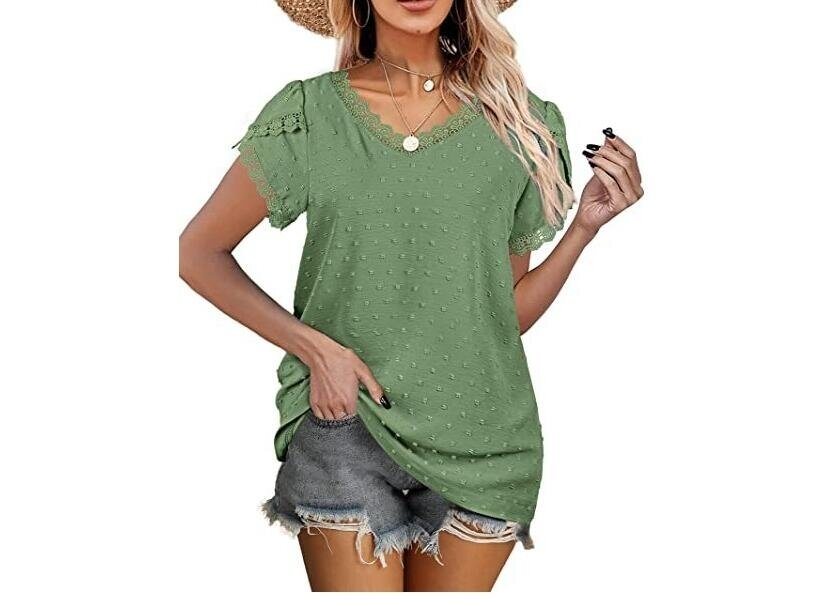 Lace Trim Petal Sleeve V-Neck Short Sleeve T-Shirt