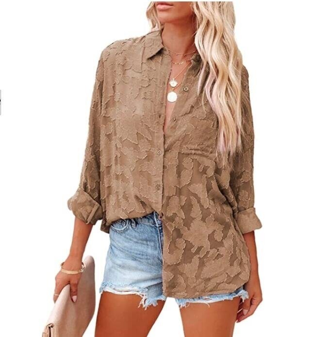 Womens Jacquard Lace V Neck Long Sleeve Button Down Shirt Blouse