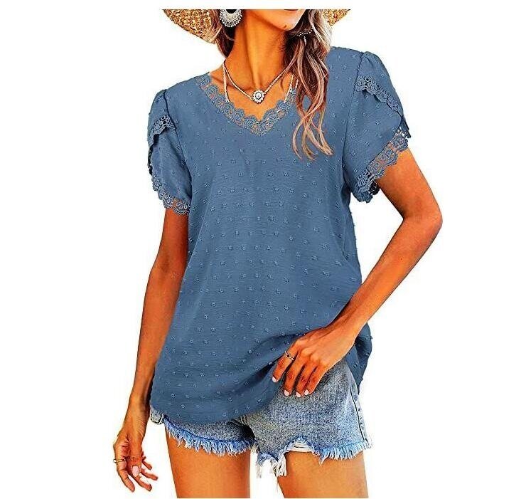 Lace Trim Petal Sleeve V-Neck Short Sleeve T-Shirt