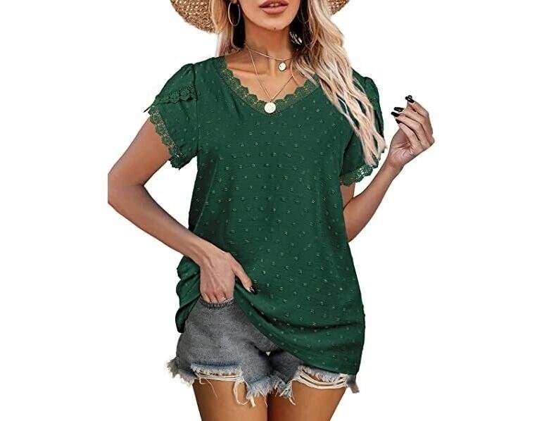 Lace Trim Petal Sleeve V-Neck Short Sleeve T-Shirt