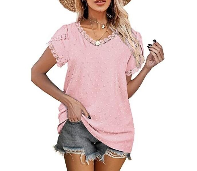 Lace Trim Petal Sleeve V-Neck Short Sleeve T-Shirt