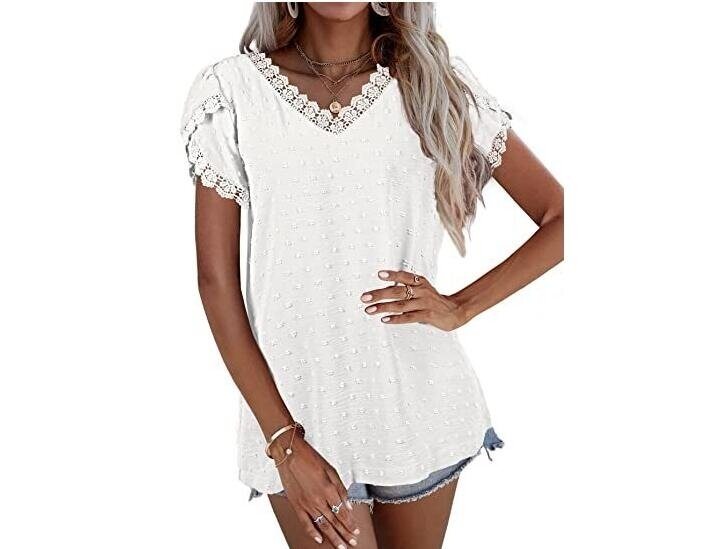 Lace Trim Petal Sleeve V-Neck Short Sleeve T-Shirt