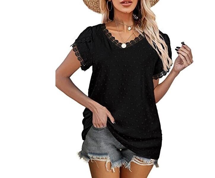 Lace Trim Petal Sleeve V-Neck Short Sleeve T-Shirt