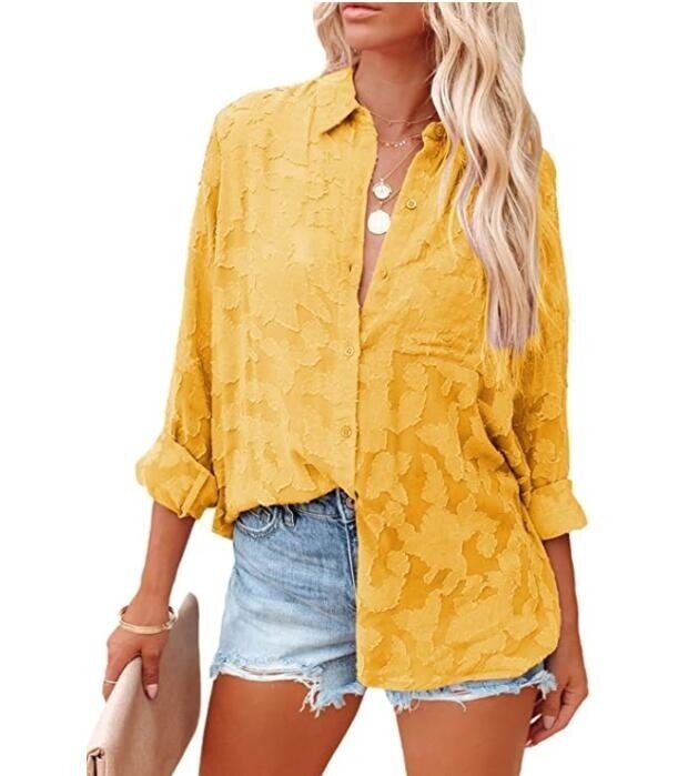 Womens Jacquard Lace V Neck Long Sleeve Button Down Shirt Blouse