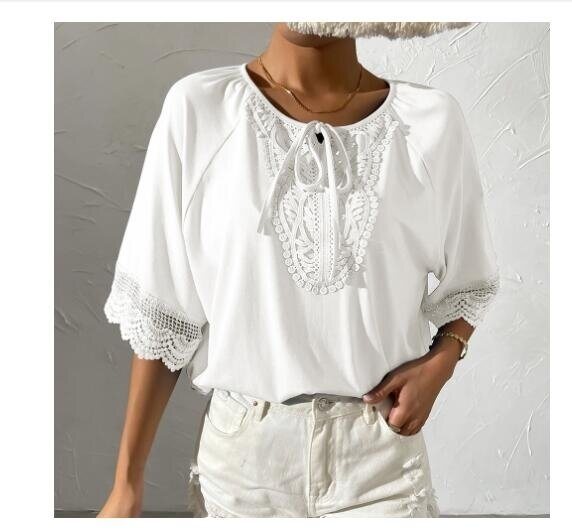 Tie Crew Neck Lace Panel Loose Short Sleeved Top