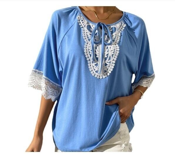 Tie Crew Neck Lace Panel Loose Short Sleeved Top