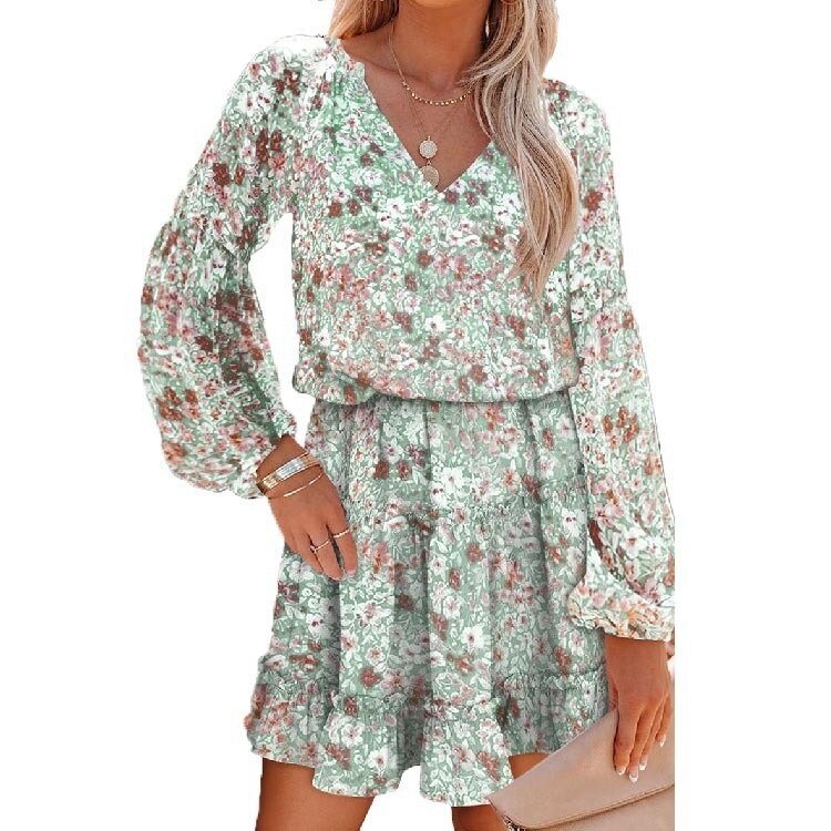 V-Neck Floral Balloon Sleeve Shirt Dress