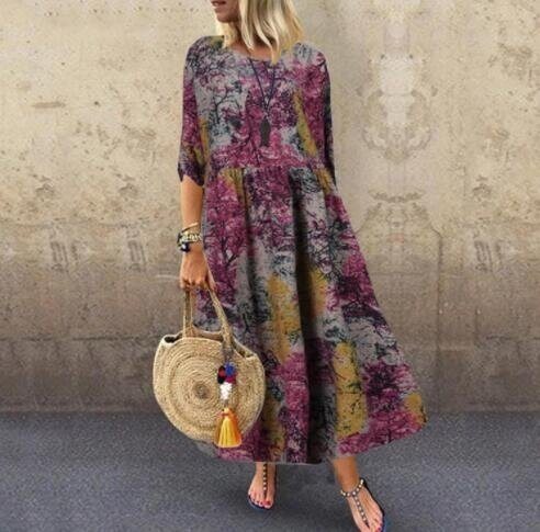 Printed Cotton and Linen Casual Maxi Dress