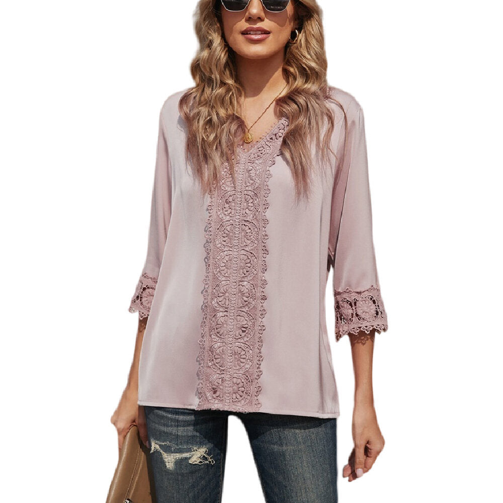 V-neck Lace Stitching 3/4 Sleeve Loose Shirt Tops